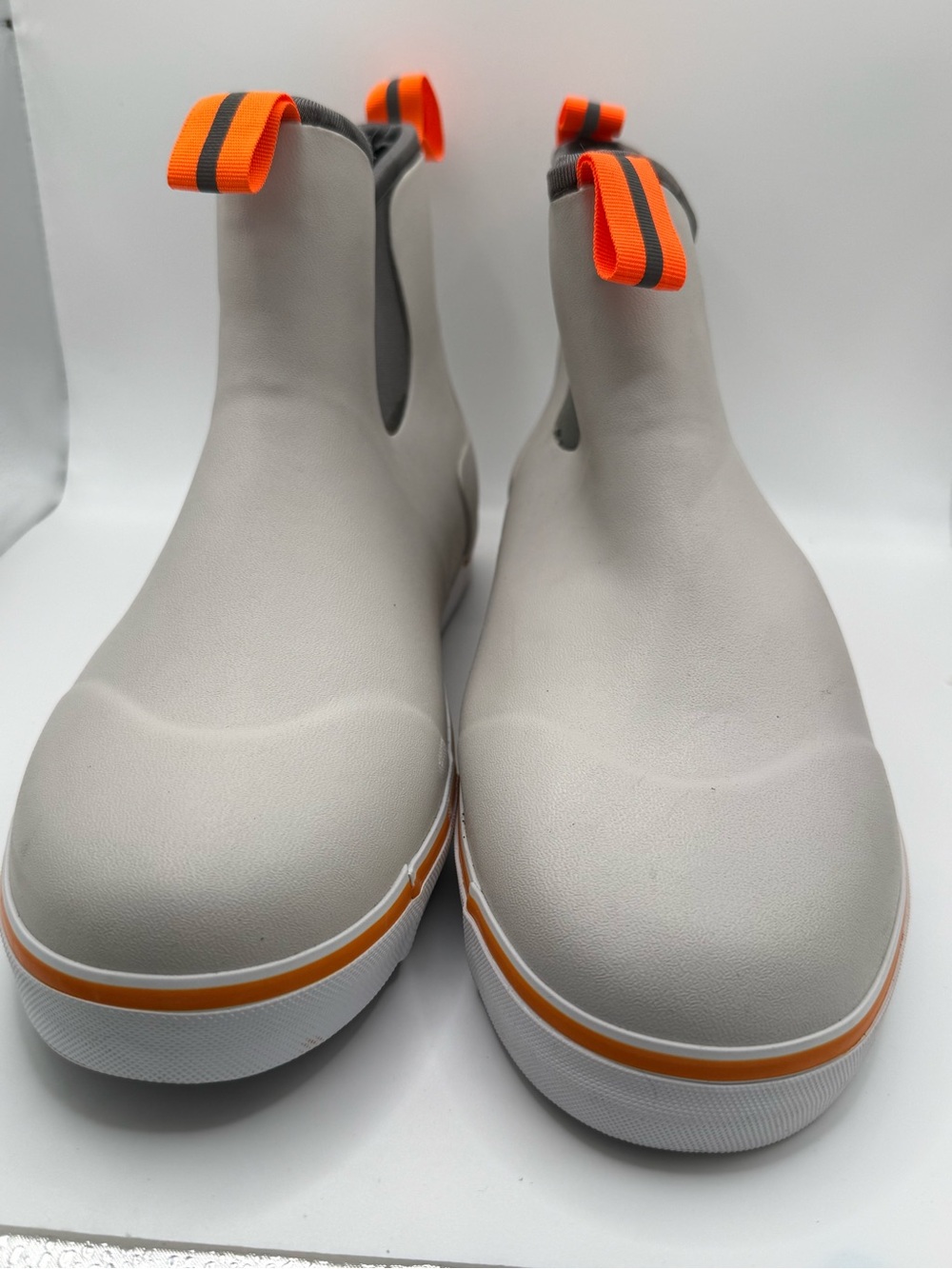 Men's Gray Waterproof Chelsea Rain Boots with Orange Accents see damage